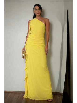 Bright Yellow One Shoulder Ruffled Maxi Dress for Wedding Guest & Evening Parties, PD4191