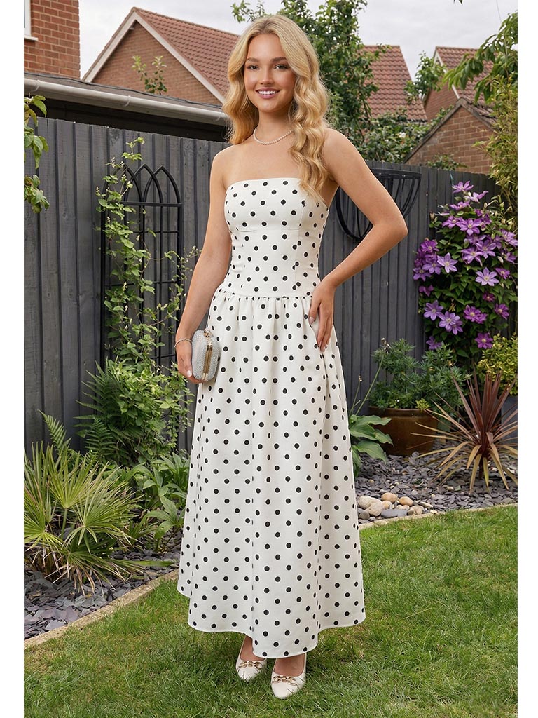 White Black Polka Dot Prom Dress Strapless A-Line Formal Gown Vintage SposaBridal White Black Polka Dot Prom Dress Strapless A-Line Formal Gown Vintage SposaBridal