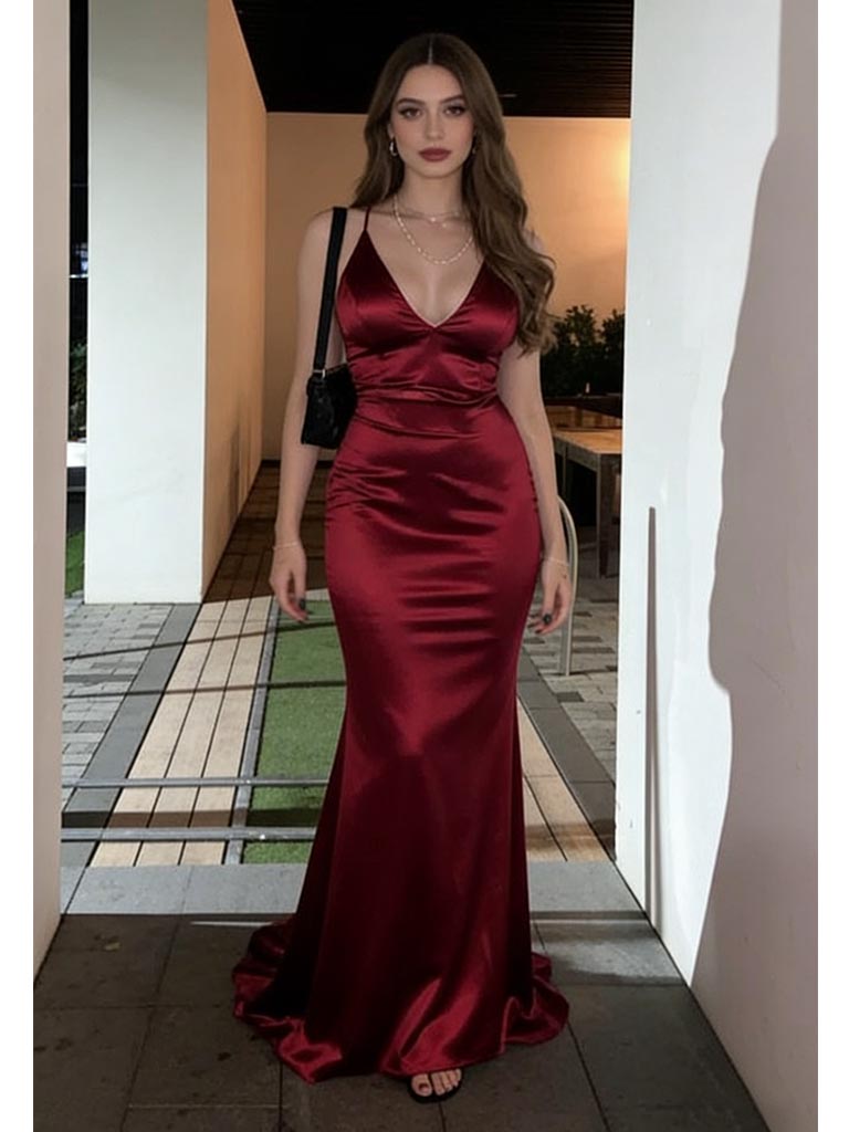 Elegant Burgundy Satin Spaghetti Strap Mermaid Prom Dress Back Tie Formal Evening Gown, PD4169