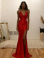 Sexy Red Soft Satin V-Neck High Slit Mermaid Maxi Formal Evening Gown for Party, PD4220