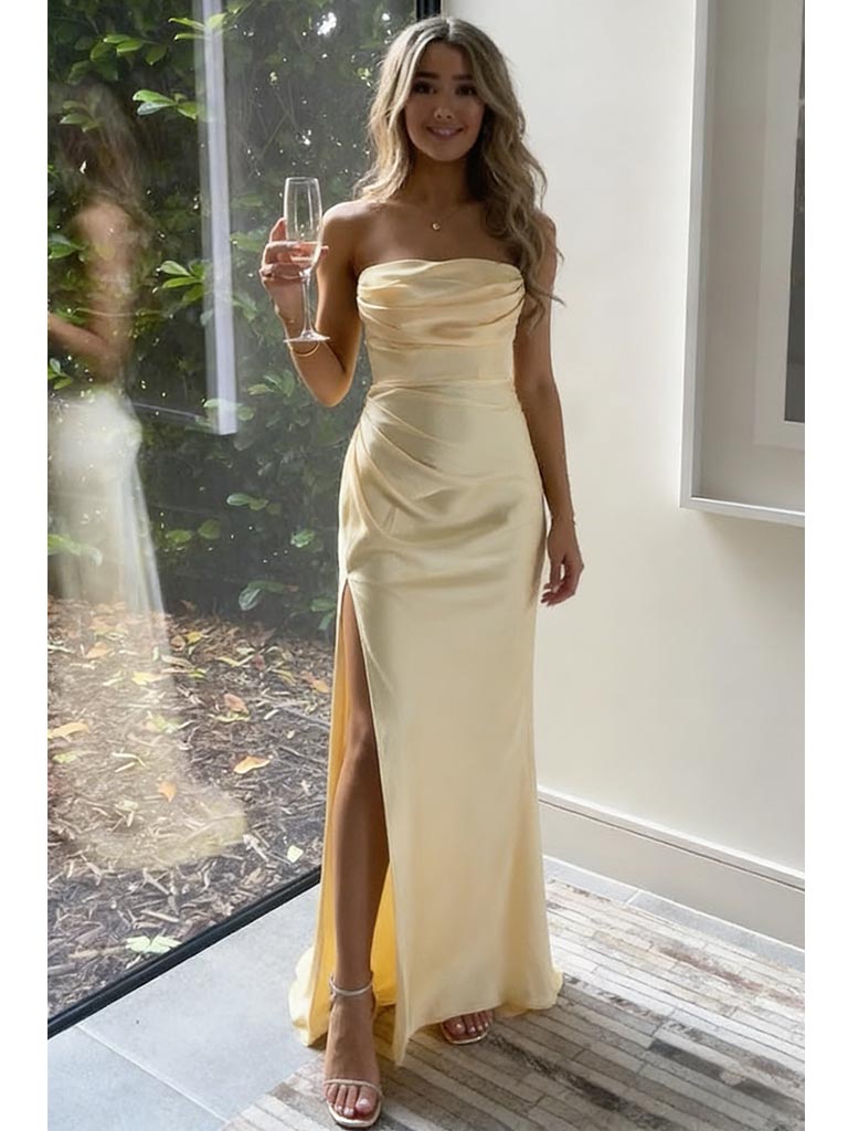 prom dresses yellow strapless Butter Yellow Strapless Satin Prom Gown, Ruched Bodycon Dress with Sid – SposaBridal