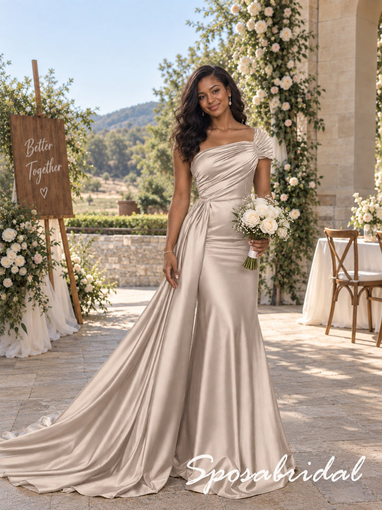 Luxury Champagne Satin Off The Shoulder Mermaid Bridesmaid Dress With Puff Short Sleeves, BD3480