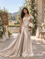 Luxury Champagne Satin Off The Shoulder Mermaid Bridesmaid Dress With Puff Short Sleeves, BD3480