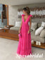 Elegant Pink Chiffon Spaghetti Straps V-Neck Open Back A-Line Long Prom Dresses, PD3800