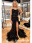 Sexy Black Sequin Spaghetti Straps Sleeveless Lace Up Back Side Slit Mermaid Long Prom Dresses, PD3732