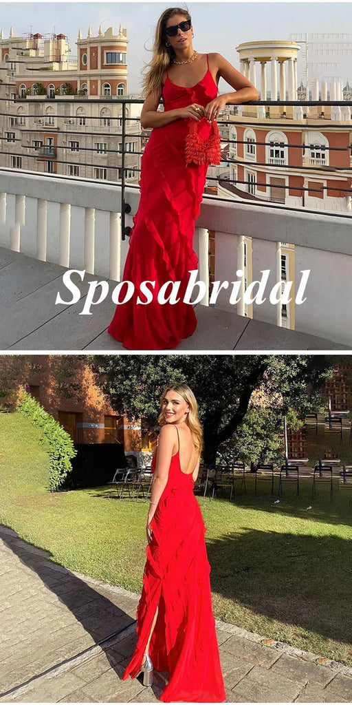 Sexy Red Chiffon Spaghetti Straps V-Neck Side Slit Mermaid Long Prom Dresses, PD3788