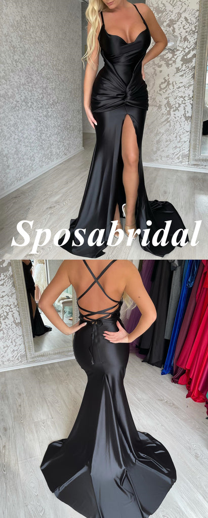 Sexy Soft Satin Spaghetti Straps Side Slit Mermaid Long Prom Dresses, PD3775