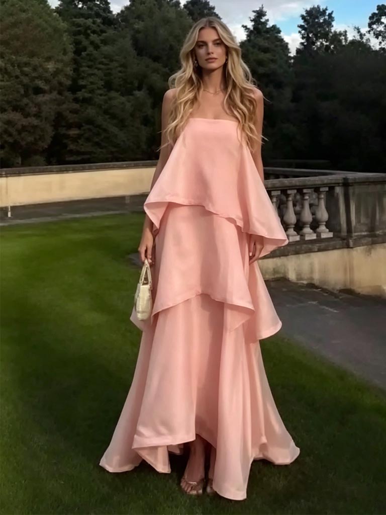 Romantic Pink Strapless Tiered Maxi Dress, Flowy Formal Gown Perfect f SposaBridal Romantic Pink Strapless Tiered Maxi Dress, Flowy Formal Gown Perfect f SposaBridal