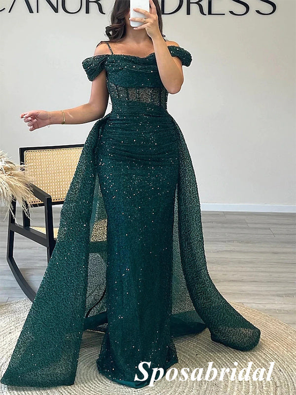 Elegant Cold Shoulder Sleeveless Mermaid Long Prom Dresses With Train, SposaBridal Elegant Cold Shoulder Sleeveless Mermaid Long Prom Dresses With Train, SposaBridal