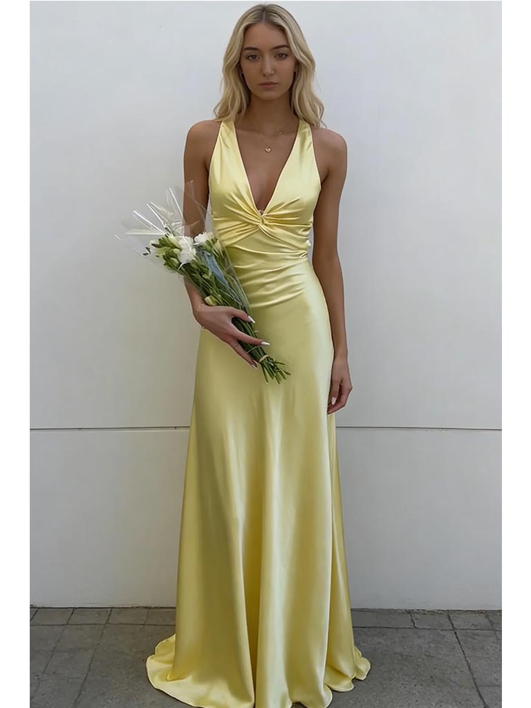 Canary Yellow Satin Halter Prom Dress with Twist Front Detail, PD4125