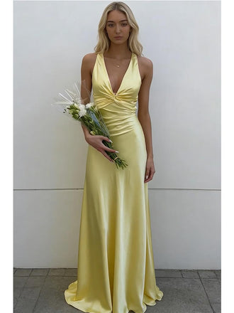 Canary Yellow Satin Halter Prom Dress with Twist Front Detail, PD4125