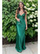 Emerald Green Satin V-Neck Lace Mermaid Maxi Dress Sexy Formal Party Gown, PD4141
