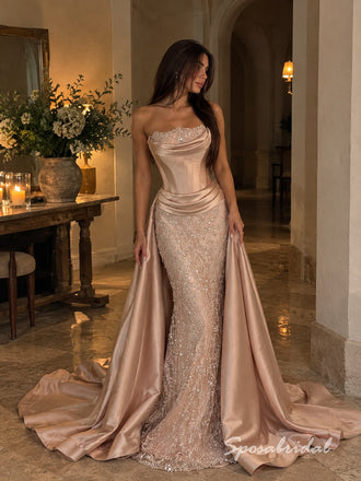 Blush Sweetheart Soft Satin Evening Dress, Strapless Beaded Corset Floor Length Mermaid Gown with Detachable Skirt,PD4353