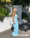 Sexy Blue Tulle Halter Sleeveless Mermaid Long Prom Dresses With Split, PD3838