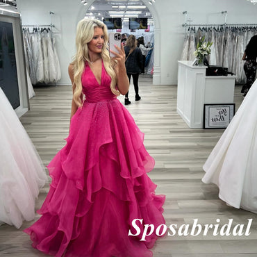 Sexy Fuchsia Organza Spaghetti Straps V-Neck A-Line Long Prom Dresses , PD3813
