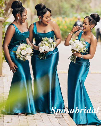 Sexy Elastic Satin One Shoulder Mermaid Floor Length Bridesmaid Dresses, BD3371