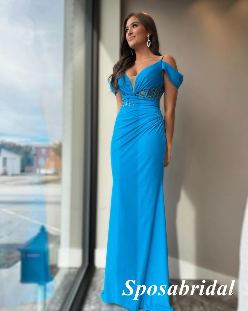 Sexy Blue Cold Shoulder V-Neck Sleeveless Mermaid Long Prom Dresses With Beading, PD3931