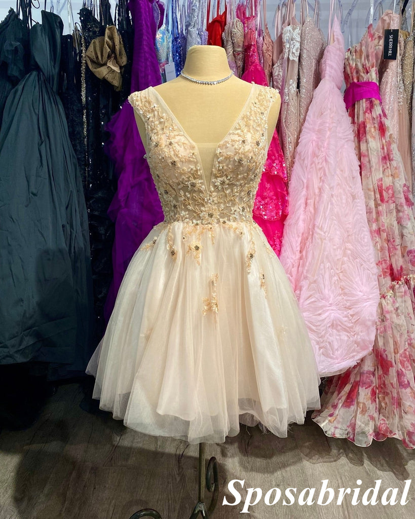 Sexy Tulle Spaghetti Straps V-Neck Sleeveless A-Line Mini Dresses/ Homecoming Dresses With Lace And Beading, PD3629