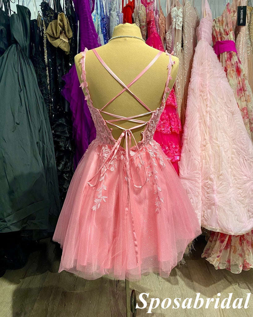 Sexy Pink Tulle And Lace Spaghetti Straps V-Neck Sleeveless Criss Cross A-Line Mini Dresses/ Homecoming Dresses, PD3631