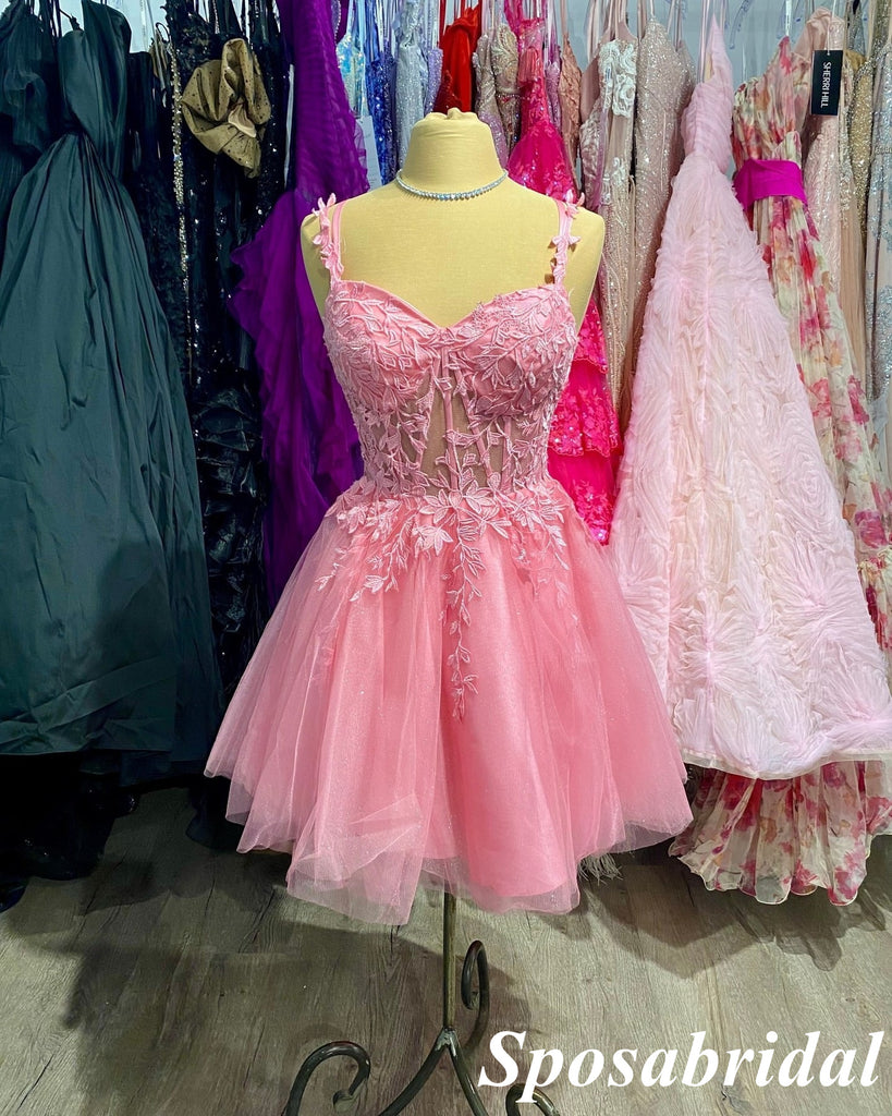 Sexy Pink Tulle And Lace Spaghetti Straps V-Neck Sleeveless Criss Cross A-Line Mini Dresses/ Homecoming Dresses, PD3631