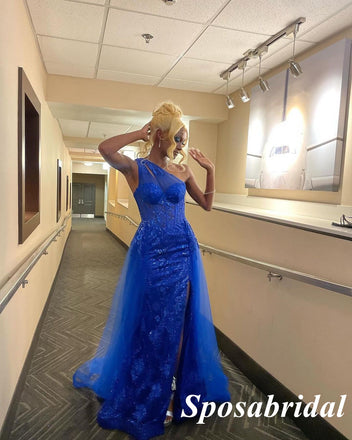 Sexy Royal Blue Tulle And Lace One Shoulder Sleeveless Side Slit Mermaid Long Prom Dresses, PD3917