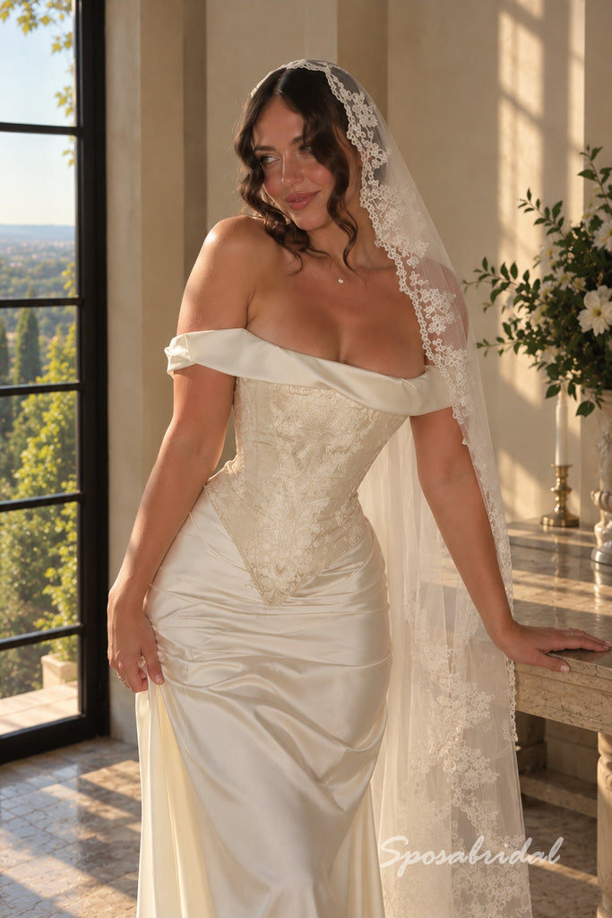 Off The Shoulder Short Sleeve Soft Satin Mermaid Wedding Dress, Lace Applique Corset Floor Length Bridal Gown,WD3139