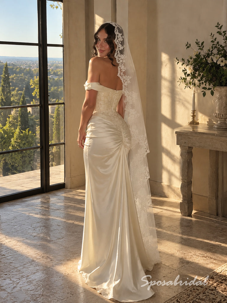 Off The Shoulder Short Sleeve Soft Satin Mermaid Wedding Dress, Lace Applique Corset Floor Length Bridal Gown,WD3139