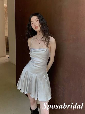 Sexy Silver Elastic Satin Spaghetti Straps Sleeveless Lace Up Back Mermaid Short Prom Dresses/Homecoming Dresses, PD3524