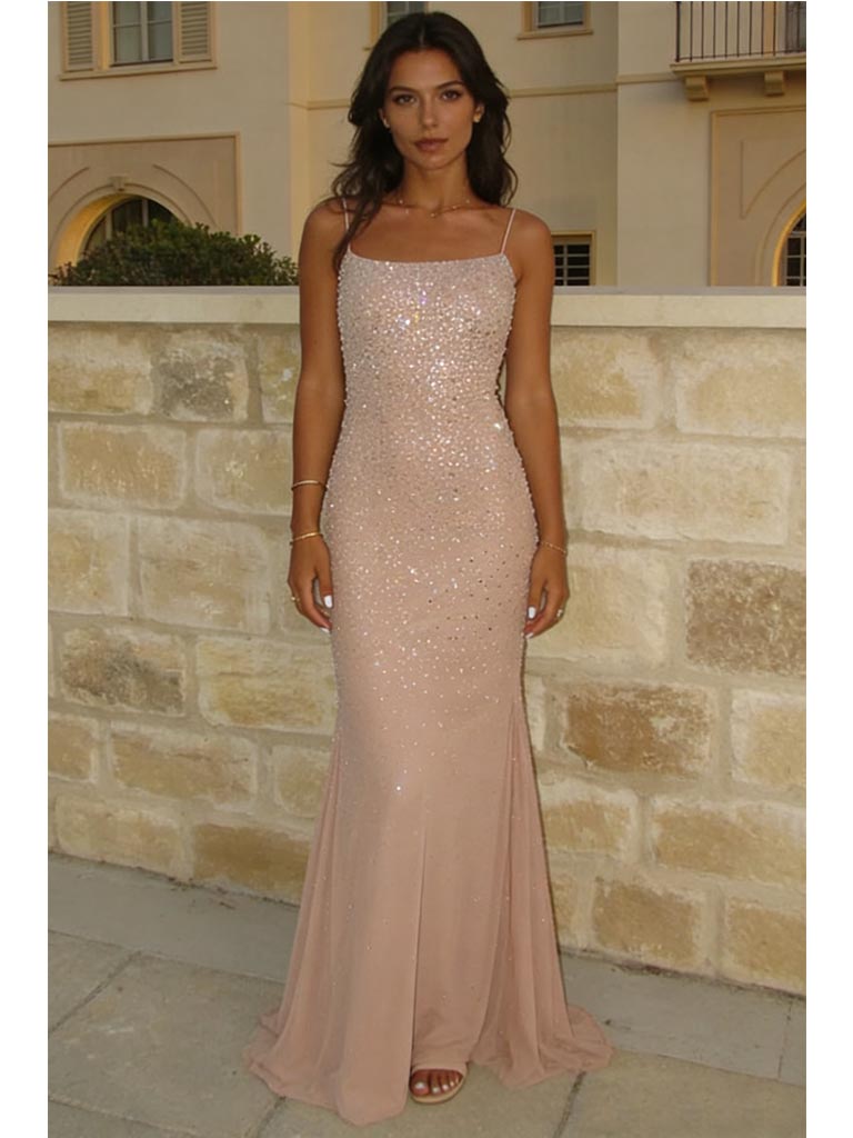 Blush Pink Beaded Spaghetti Strap Mermaid Gown Glamorous Elegant Eveni – SposaBridal