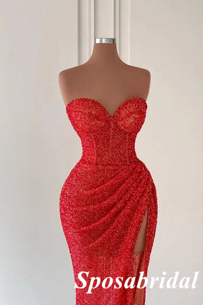 Sexy Red Sweetheart Sleeveless Side Slit Mermaid Long Prom Dresses, PD3907