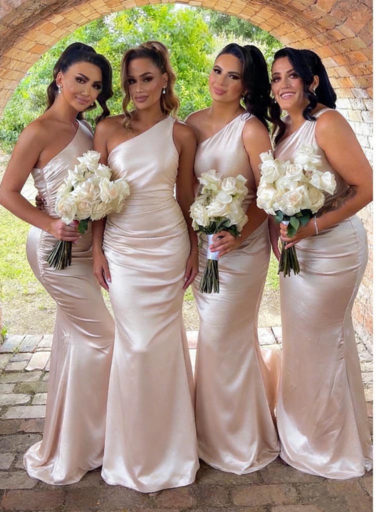 Shiny One Shoulder Soft Satin Sleeveless Floor-Length Mermaid Maxi Mermaid Bridesmaid Dresses, BD3409
