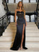 Black Satin Spaghetti Strap Evening Gown with Rhinestone Trim and High Slit, PD4151