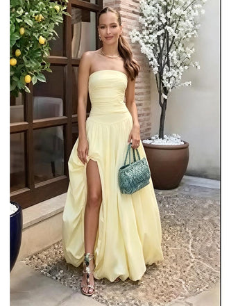 Elegant Buttery Yellow Strapless High Slit Maxi Dress Formal Gown for Prom & Bridal Event, PD4236