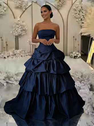 Navy Blue Strapless Satin Ball Gown, Luxury Tiered Ruffled Prom Dress for Formal Events, PD4227