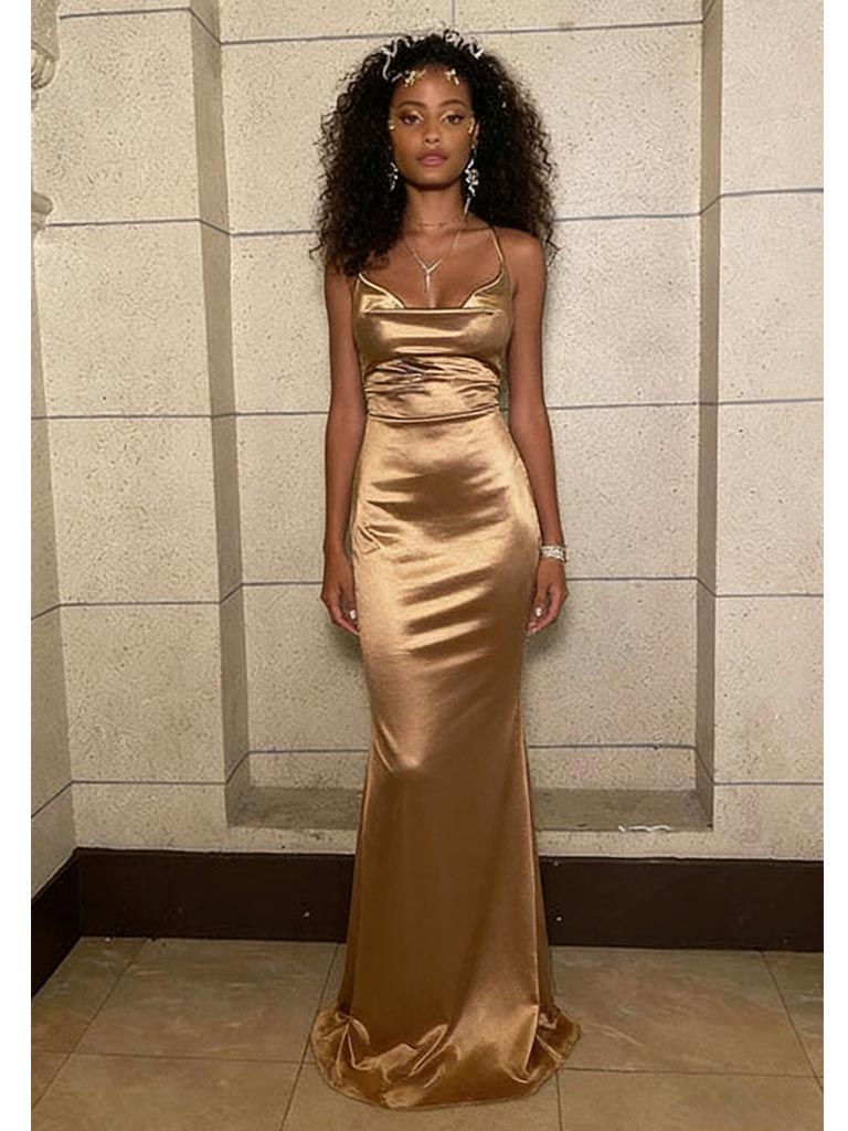 Elegant Bronze Gold Satin Spaghetti Straps Cowl Mermaid Long Evening G SposaBridal Elegant Bronze Gold Satin Spaghetti Straps Cowl Mermaid Long Evening G SposaBridal