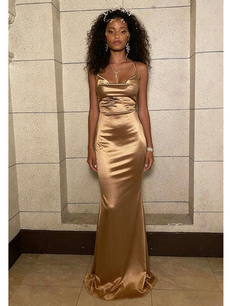 Elegant Bronze Gold Satin Spaghetti Straps Cowl Mermaid Long Evening Gown for Prom Wedding, PD4221