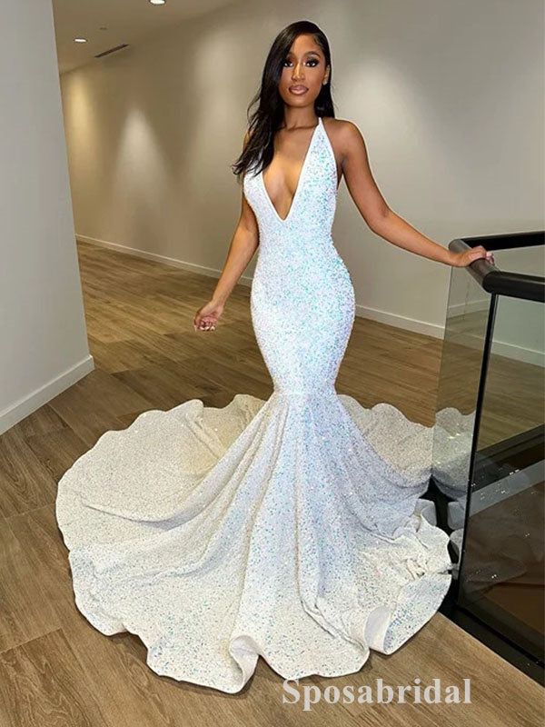 Sexy Sequin V-Neck Sleeveless Lace Up Back Mermaid Long Prom Dresses,PD3714
