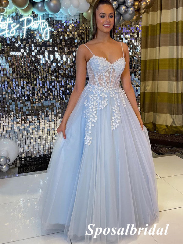 Elegant Tulle Spaghetti Straps V-Neck A-Line Long Prom Dresses With Appliques, PD3734