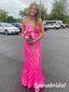 Sexy Pink Sequin Lace Spaghetti Straps Sleeveless Mermaid Long Prom Dresses, PD3946