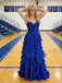 Royal Blue Spaghetti Strap Bow-Tiered Ruffled A-Line Maxi Dress for Prom & Party, PD4196