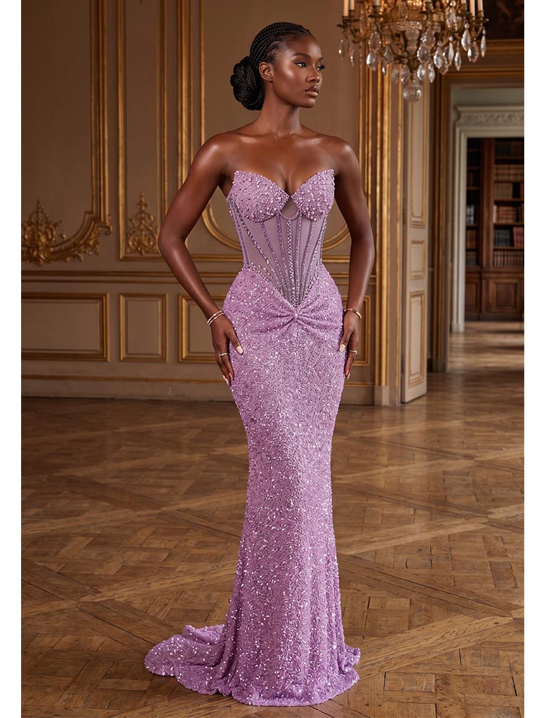 lavender sheer dress Long Lavender Purple Sequin-Print Prom Dress Lavender / 2