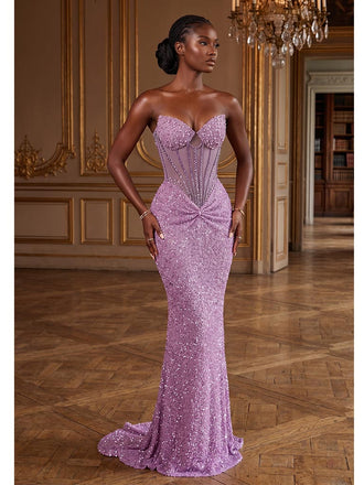 Lavender Sequin Strapless Mermaid Gown With Sheer Corset Bodice, PD4240
