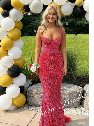 Shiny Special Fabric Spaghetti Straps Mermaid Floor Length Prom Dress, PD4092