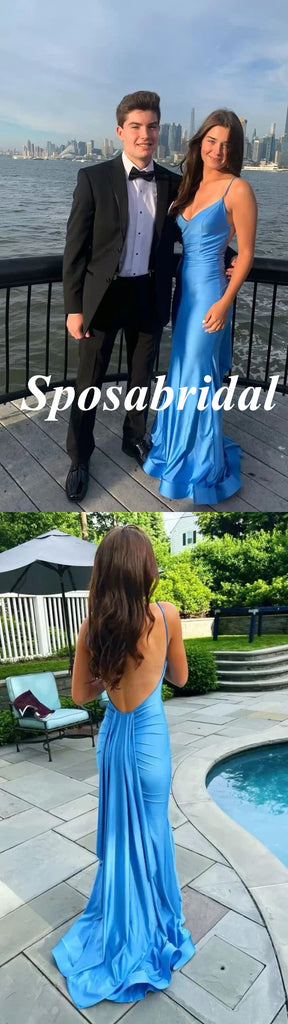Sexy Soft Satin Spaghetti Straps V-Neck Sleeveless Open Back Mermaid Long Prom Dresses, PD3896