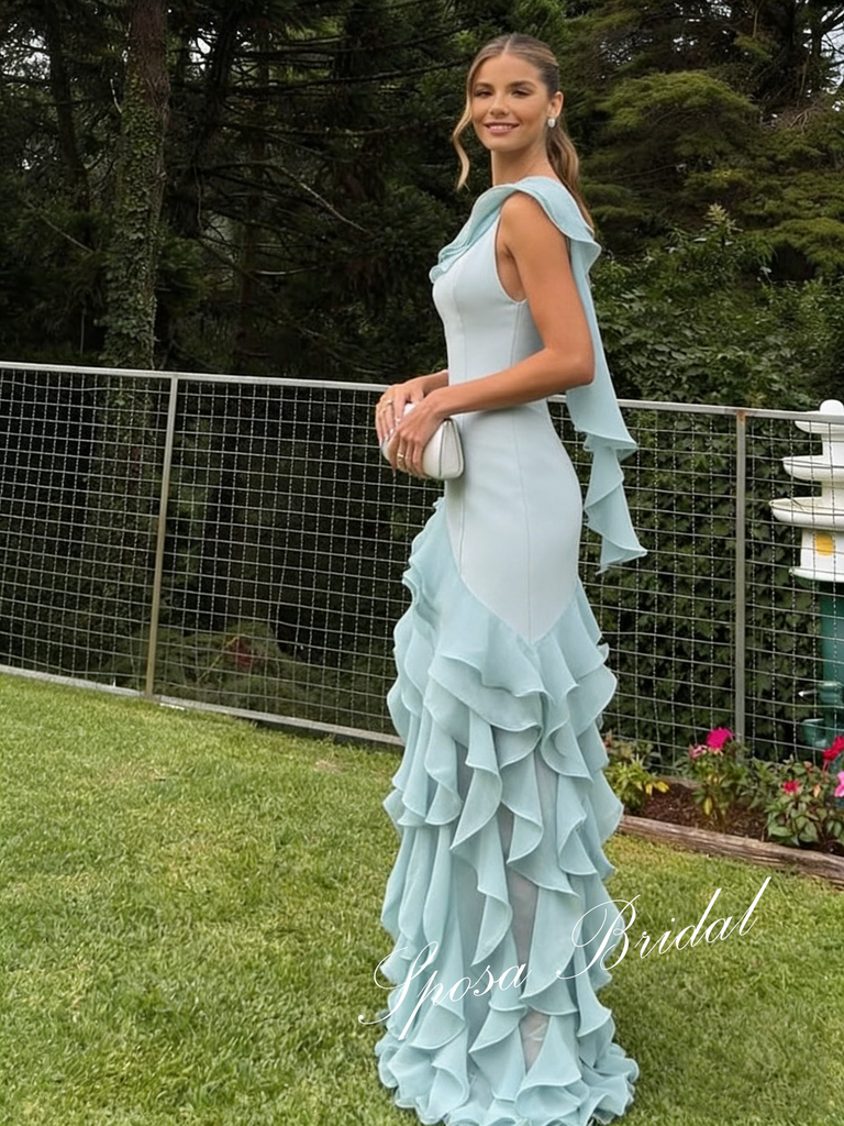 Sweet Chiffon One Shoulder Ruffles Mermaid Maxi Prom Dress, PD4052