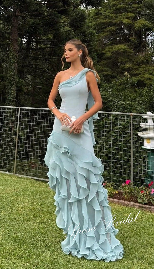 Sweet Chiffon One Shoulder Ruffles Mermaid Maxi Prom Dress, PD4052