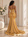 Gold Satin Strapless Draped Corset Knotted Waist High Slit Floor Length Mermaid Bridesmaid Gown,BD3486