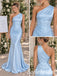 Elegant Light Blue One Shoulder Satin Mermaid Bridesmaid Dress With Ruched Bodice, BD3481