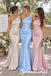 Elegant Light Blue One Shoulder Satin Mermaid Bridesmaid Dress With Ruched Bodice, BD3481