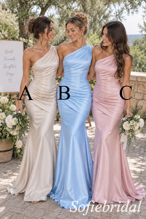 Elegant Light Blue One Shoulder Satin Mermaid Bridesmaid Dress With Ruched Bodice, BD3481